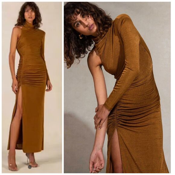 NWT MISHA x Anthropologie Pauline Bronze Asymmetric Jersey Maxi Dress $378 Sz 10 - Picture 2 of 12